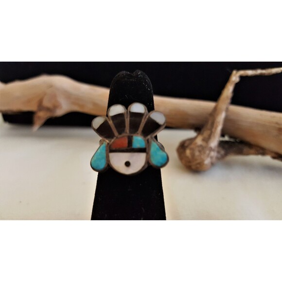 Vintage Estate Southwestern Zuni-like Headdress Ring Turquoise Mother of Pearl - Picture 2 of 5